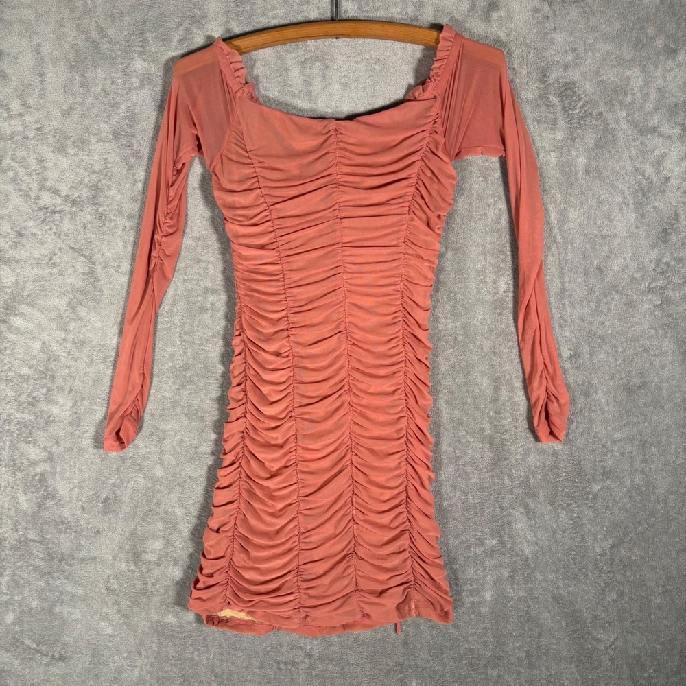Majorelle Mini Jardin Dress Size S Pink Ruched Mesh Lace Up Long Sleeve Bodycon - Picture 2 of 14